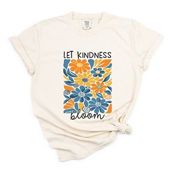 Let Kindness Bloom Blue and Orange Flowers - Women's Garment Dyed Graphic T-Shirt