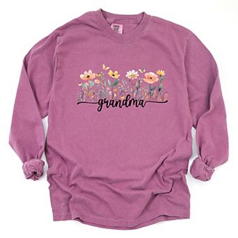 Grandma Watercolor Flowers - Women's Garment Dyed Long Sleeve Graphic T-Shirt