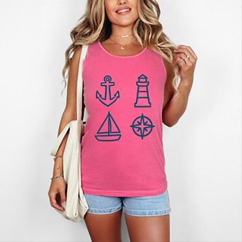 Anchor Lighthouse Boat Compass - Women's Garment Dyed Graphic Tank Top