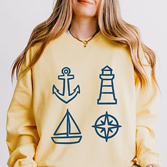 Anchor Lighthouse Boat Compass - Women's Lightweight Garment Dyed Sweatshirt