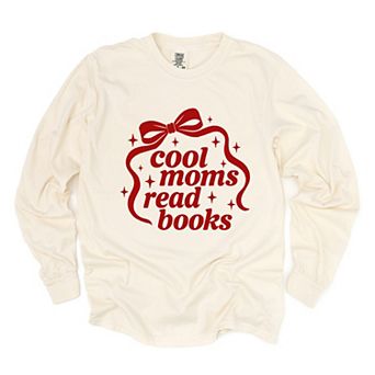 Cool Moms Read Books Bow - Women's Garment Dyed Long Sleeve Graphic T-Shirt
