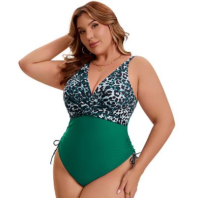 Women's Plus Size 1 Pc Swimsuit V Neck Tummy Control Bathing Suits Leopard Print Adjustable Push Up