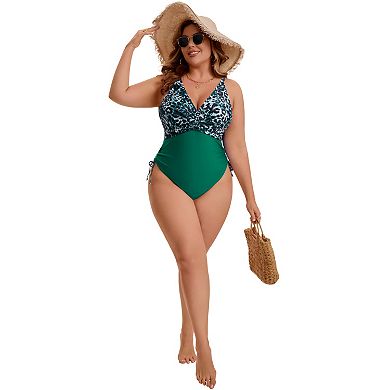 Women's Plus Size 1 Pc Swimsuit V Neck Tummy Control Bathing Suits Leopard Print Adjustable Push Up