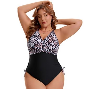 Women's Plus Size 1 pc Swimsuit V Neck Tummy Control Bathing Suits Leopard Print Adjustable Push Up