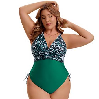 Women's Plus Size 1 pc Swimsuit V Neck Tummy Control Bathing Suits Leopard Print Adjustable Push Up