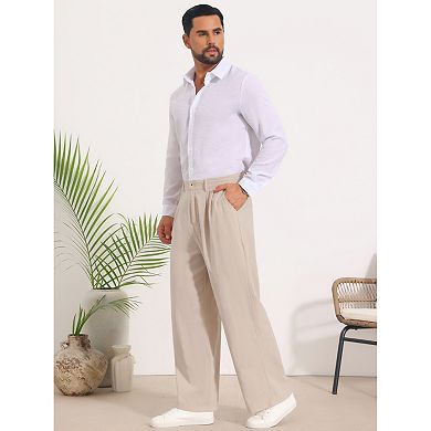 Men's Pleated Pants Side Pockets Breathable Lightweight Linen Pants