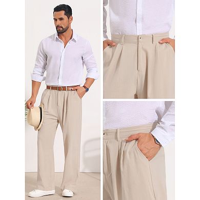Men's Pleated Pants Side Pockets Breathable Lightweight Linen Pants