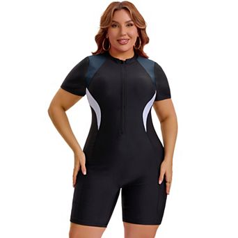 Women's Plus Size 1 pc Bathing Suit Surfing Swimwear Boyleg Guard Short Sleeve Half Zipper Swimsuit