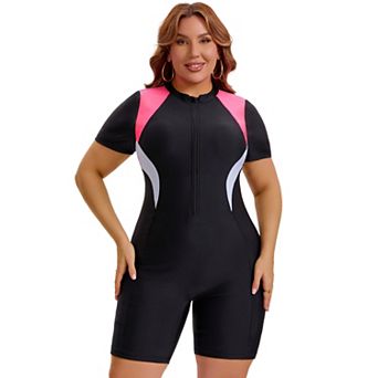 Women's Plus Size 1 pc Bathing Suit Surfing Swimwear Boyleg Guard Short Sleeve Half Zipper Swimsuit