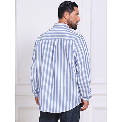 Men's Stand Collar Shirts Long Sleeve Button Down Striped Dress Shirt with Chest Pocket