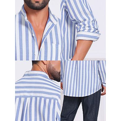 Men's Stand Collar Shirts Long Sleeve Button Down Striped Dress Shirt with Chest Pocket