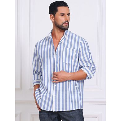 Men's Stand Collar Shirts Long Sleeve Button Down Striped Dress Shirt with Chest Pocket