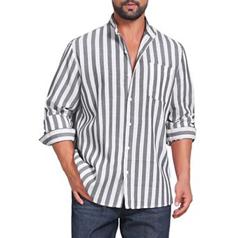 Men's Stand Collar Shirts Long Sleeve Button Down Striped Dress Shirt with Chest Pocket