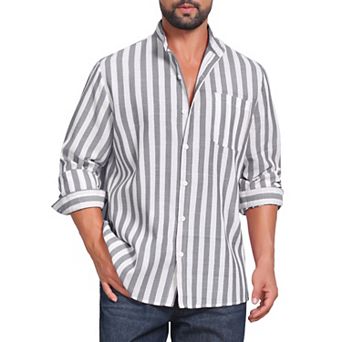 Men's Stand Collar Shirts Long Sleeve Button Down Striped Dress Shirt with Chest Pocket