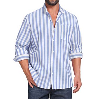 Men's Stand Collar Shirts Long Sleeve Button Down Striped Dress Shirt with Chest Pocket