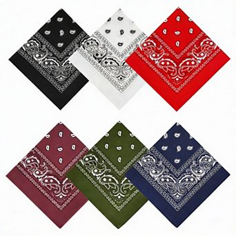 6 Pack Paisley Bandanas, 21x21 in 100% Cotton, Multi Color