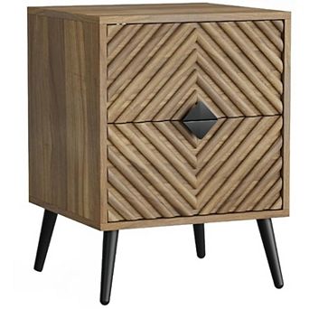 AKSZRI Mid-Century Fluted Nightstand - Walnut Bedside Table with 2 Drawers & Metal Feet, Modern