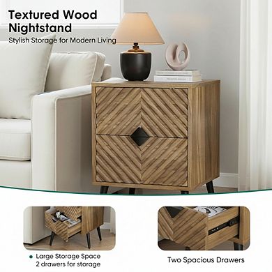 AKSZRI Mid-Century Fluted Nightstand - Walnut Bedside Table with 2 Drawers & Metal Feet, Modern