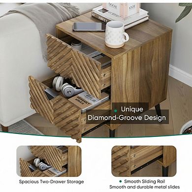 AKSZRI Mid-Century Fluted Nightstand - Walnut Bedside Table with 2 Drawers & Metal Feet, Modern