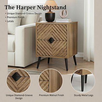 AKSZRI Mid-Century Fluted Nightstand - Walnut Bedside Table with 2 Drawers & Metal Feet, Modern