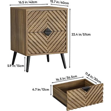 AKSZRI Mid-Century Fluted Nightstand - Walnut Bedside Table with 2 Drawers & Metal Feet, Modern