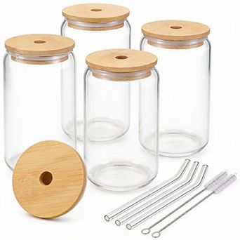 4 pc Glass Drinking Set with100% Bamboo Lids & Straws