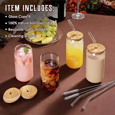 4-Piece Glass Drinking Set with100% Bamboo Lids & Straws