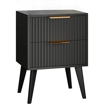 AKSZRI Black Mid-Century Nightstand with 2 Drawers - Fluted Side Table, Wood Legs for Bedroom