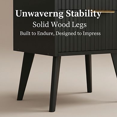 AKSZRI Black Mid-Century Nightstand with 2 Drawers - Fluted Side Table, Wood Legs for Bedroom
