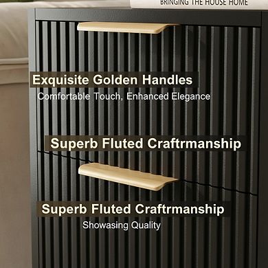 AKSZRI Black Mid-Century Nightstand with 2 Drawers - Fluted Side Table, Wood Legs for Bedroom