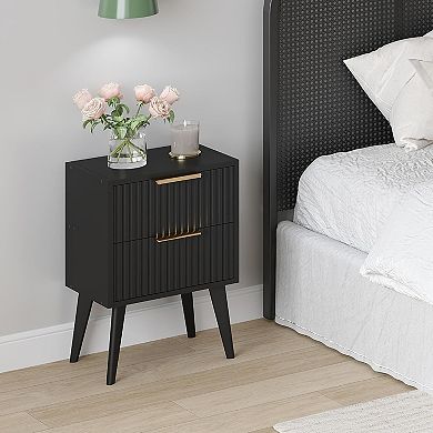 AKSZRI Black Mid-Century Nightstand with 2 Drawers - Fluted Side Table, Wood Legs for Bedroom
