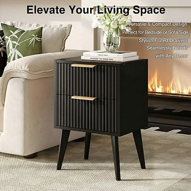 AKSZRI Black Mid-Century Nightstand with 2 Drawers - Fluted Side Table, Wood Legs for Bedroom