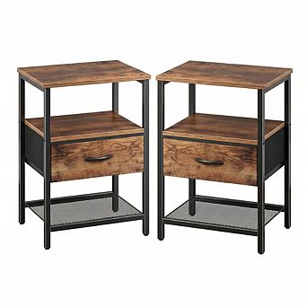 AKSZRI Rustic Nightstand Set of 2 - Fabric Drawer, Mesh Shelf & Open Storage, Metal Frame Side Table