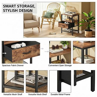 AKSZRI Rustic Nightstand Set of 2 - Fabric Drawer, Mesh Shelf & Open Storage, Metal Frame Side Table