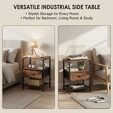 AKSZRI Rustic Nightstand Set of 2 - Fabric Drawer, Mesh Shelf & Open Storage, Metal Frame Side Table