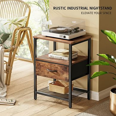 AKSZRI Rustic Nightstand Set of 2 - Fabric Drawer, Mesh Shelf & Open Storage, Metal Frame Side Table