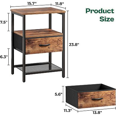 AKSZRI Rustic Nightstand Set of 2 - Fabric Drawer, Mesh Shelf & Open Storage, Metal Frame Side Table