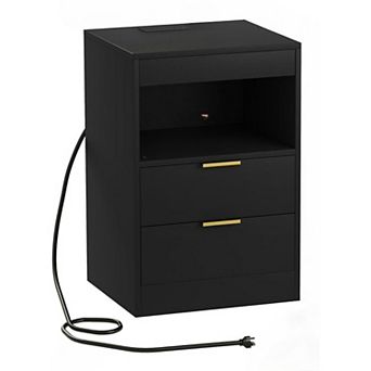 AKSZRI Modern LED Nightstand with Charging Station - Wood Side Table with Pull-Out Shelves, Black