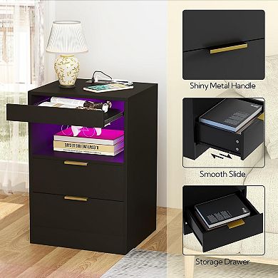 AKSZRI Modern LED Nightstand with Charging Station - Wood Side Table with Pull-Out Shelves, Black