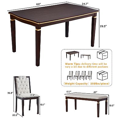 Merax 6-Piece Kitchen Dining Table Set, 60" Rectangular Table and 4 High-Back Tufted Chairs & Bench