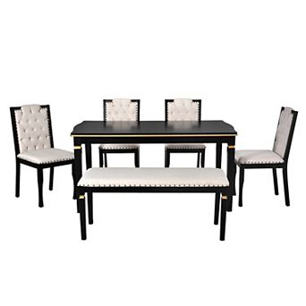 Merax 6 pc Kitchen Dining Table Set, 60" Rectangular Table and 4 High-Back Tufted Chairs & Bench