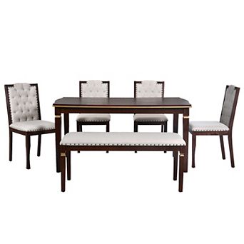 Merax 6 pc Kitchen Dining Table Set, 60" Rectangular Table and 4 High-Back Tufted Chairs & Bench