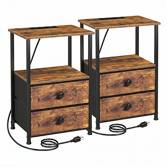 AKSZRI Nightstand Set of 2 with Drawers & Shelf - Heavy Duty Wood & Metal End Tables for Living Room