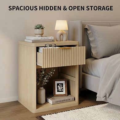 AKSZRI Mid-Century Fluted Nightstand with Charging Station - 1 Drawer & Open Storage in Natural Oak