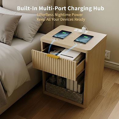 AKSZRI Mid-Century Fluted Nightstand with Charging Station - 1 Drawer & Open Storage in Natural Oak
