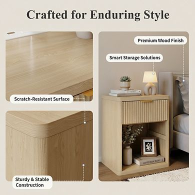 AKSZRI Mid-Century Fluted Nightstand with Charging Station - 1 Drawer & Open Storage in Natural Oak