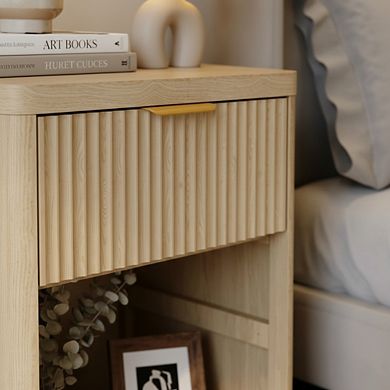 AKSZRI Mid-Century Fluted Nightstand with Charging Station - 1 Drawer & Open Storage in Natural Oak
