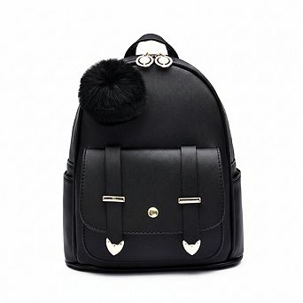 AKSZRI PU Leather Pompom Backpack - Mini Shoulder Bag Purse for Girls & Women