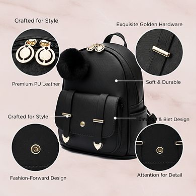 AKSZRI PU Leather Pompom Backpack - Mini Shoulder Bag Purse for Girls & Women