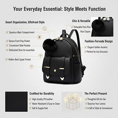 AKSZRI PU Leather Pompom Backpack - Mini Shoulder Bag Purse for Girls & Women